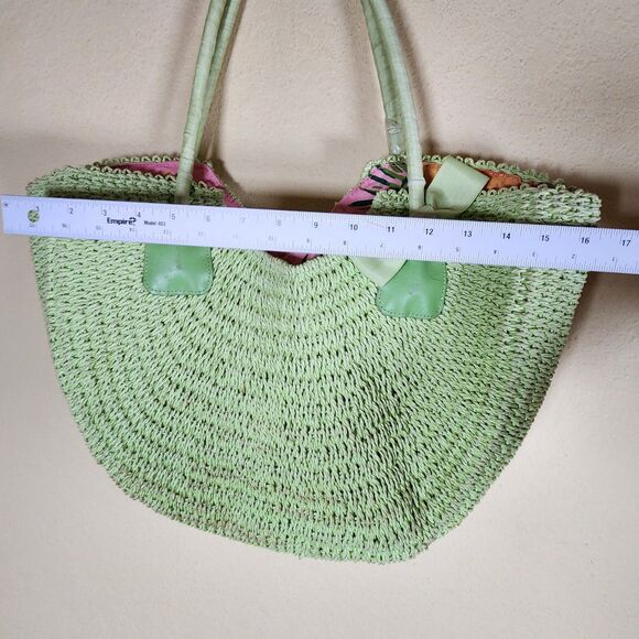 Donna Dixon lime green Half Moon Straw Bag Wicker Basket Purse Lined Boho Beach - Picture 6 of 11